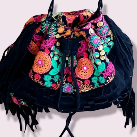 Ten79LA Handbags - Bohemian Style Colorful Ten79LA Embroidered Suede Hobo Fringe Handbag